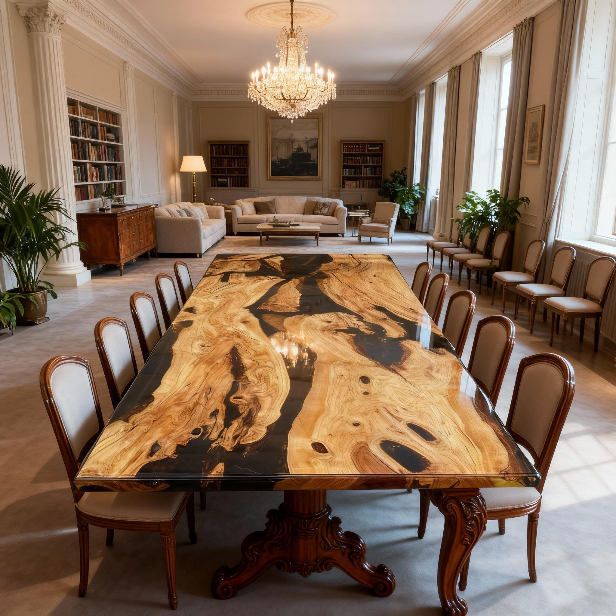 Table rivière sur mesure en bois d'olivier et résine époxy Black Pearl VRY-638