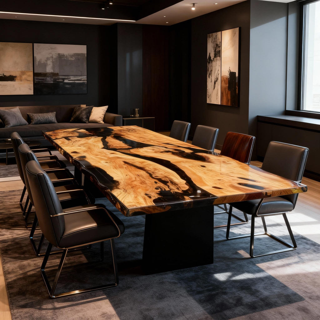 Table rivière sur mesure en bois d'olivier et résine époxy Black Pearl VRY-638