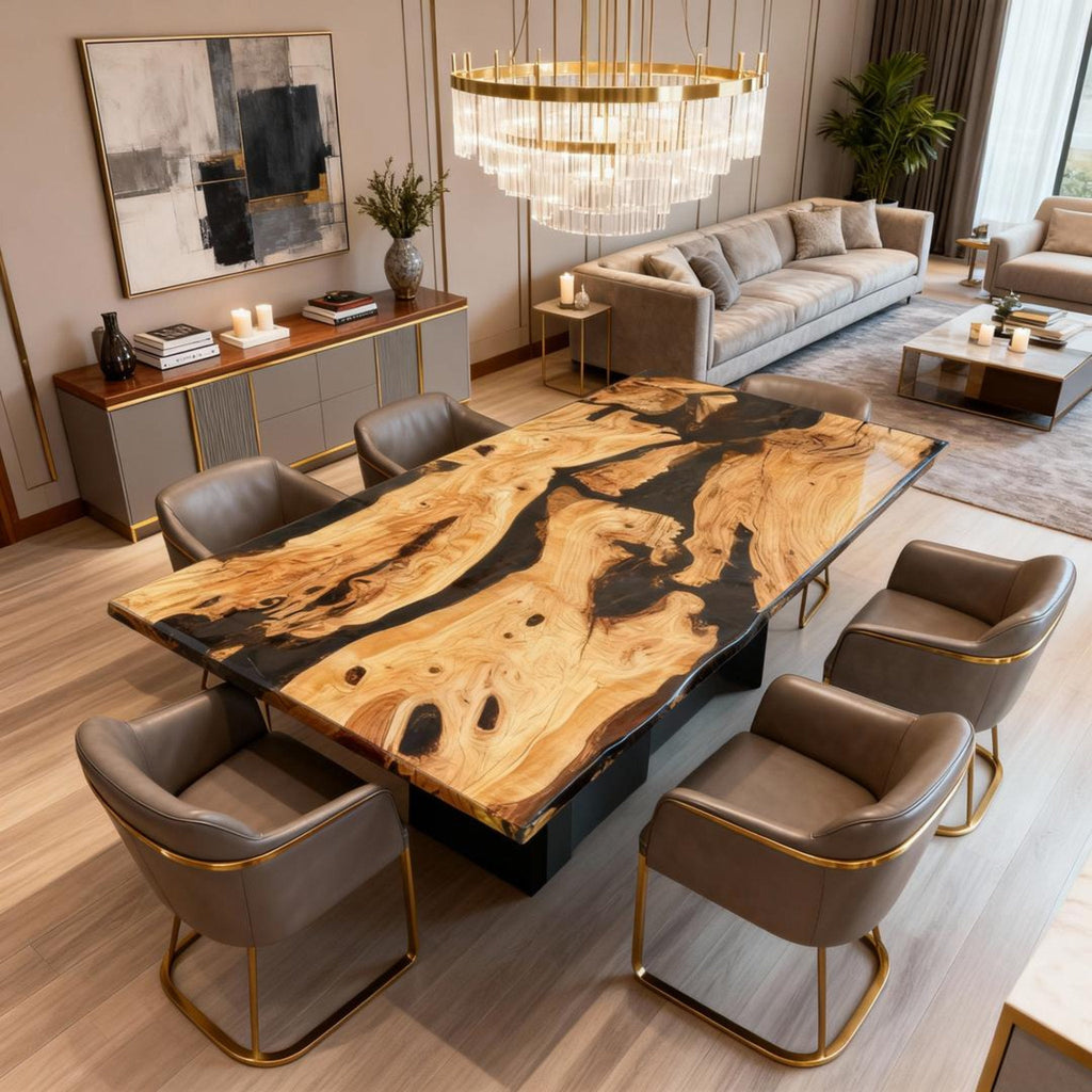 Table rivière sur mesure en bois d'olivier et résine époxy Black Pearl VRY-638