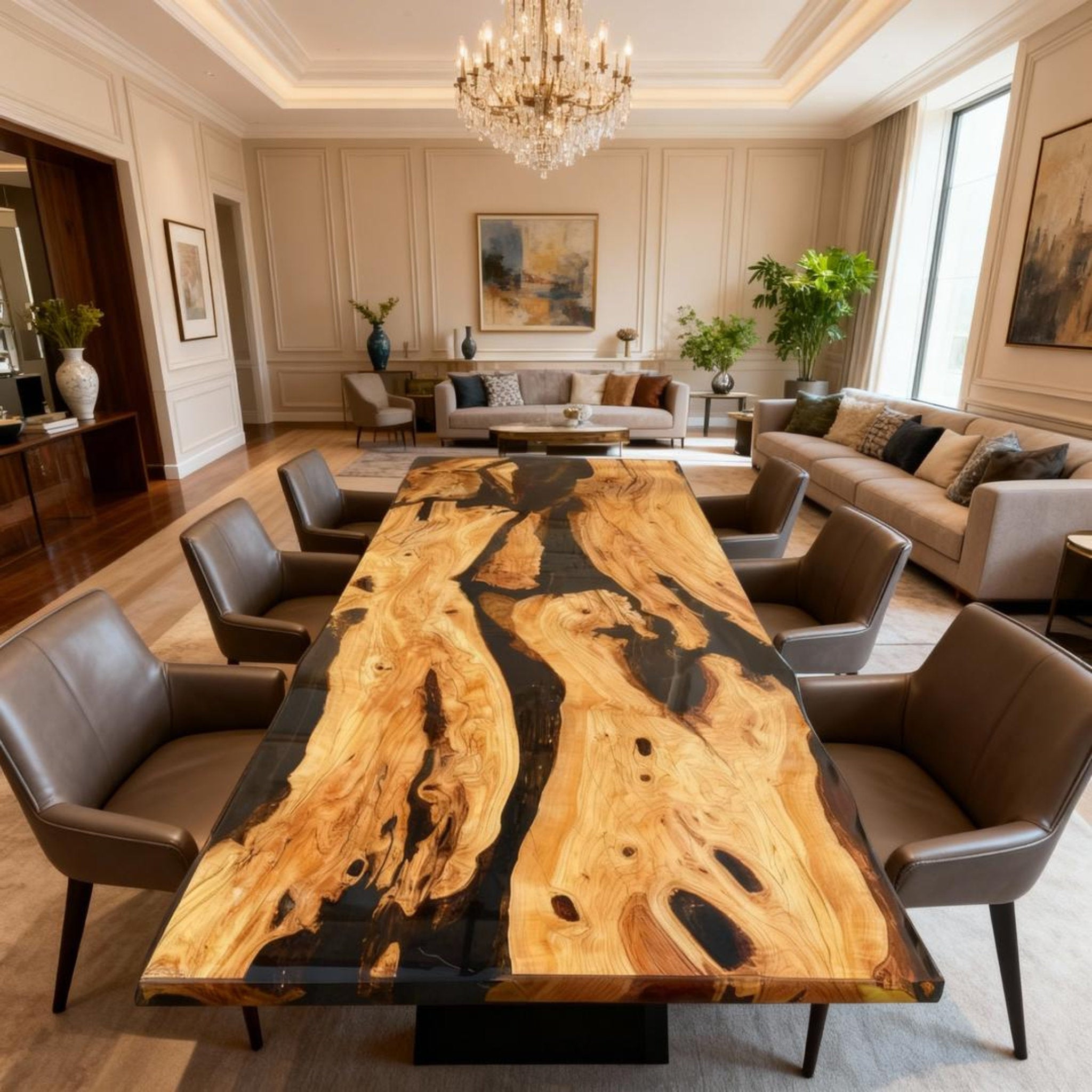 Table rivière sur mesure en bois d'olivier et résine époxy Black Pearl VRY-638