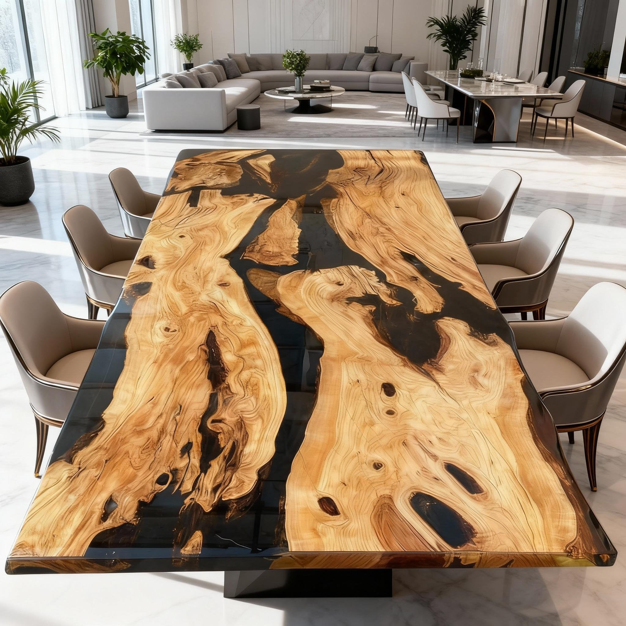 Table rivière sur mesure en bois d'olivier et résine époxy Black Pearl VRY-638