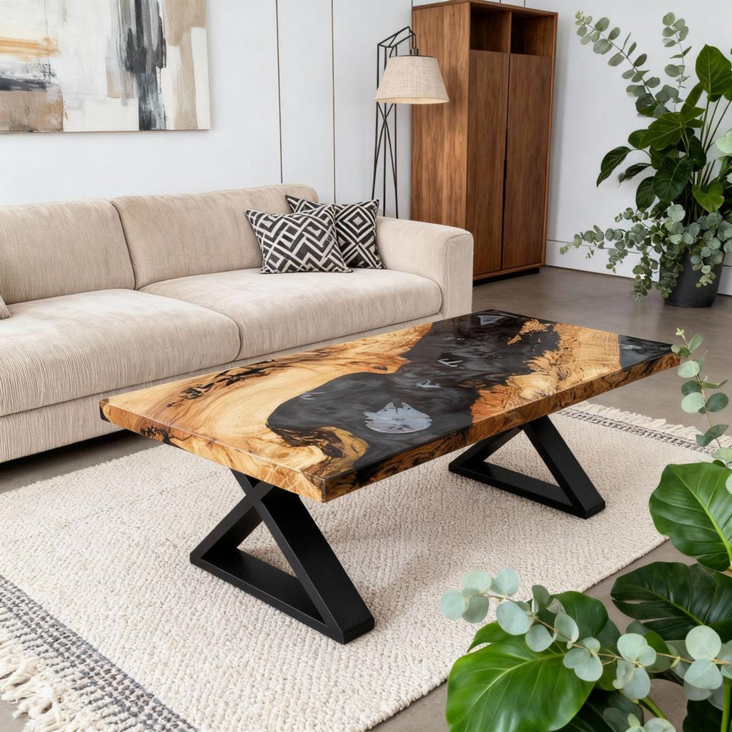 Table rivière sur mesure en bois d'olivier et résine époxy Black Pearl VXK-482