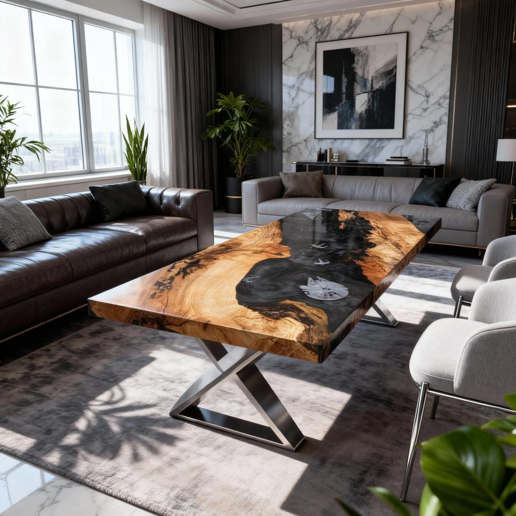 Table rivière sur mesure en bois d'olivier et résine époxy Black Pearl VXK-482