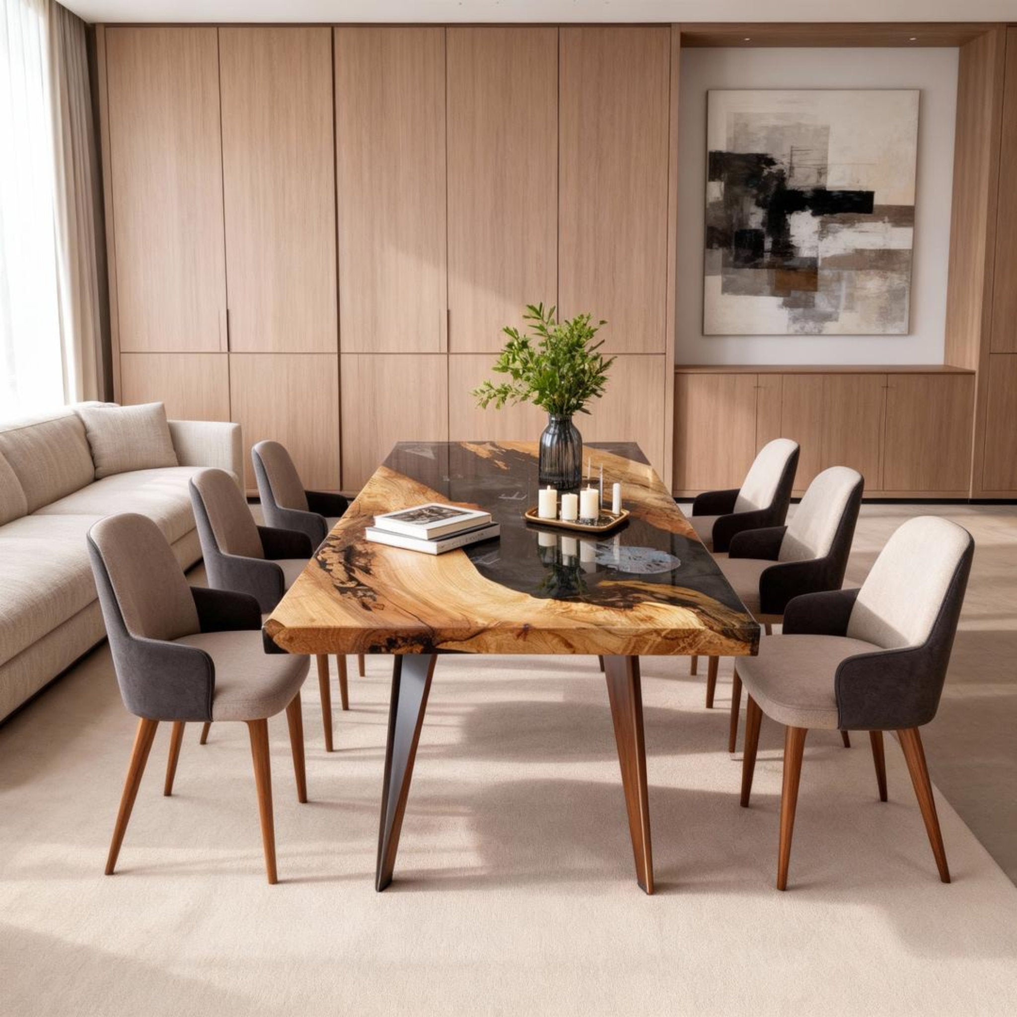 Table rivière sur mesure en bois d'olivier et résine époxy Black Pearl VXK-482