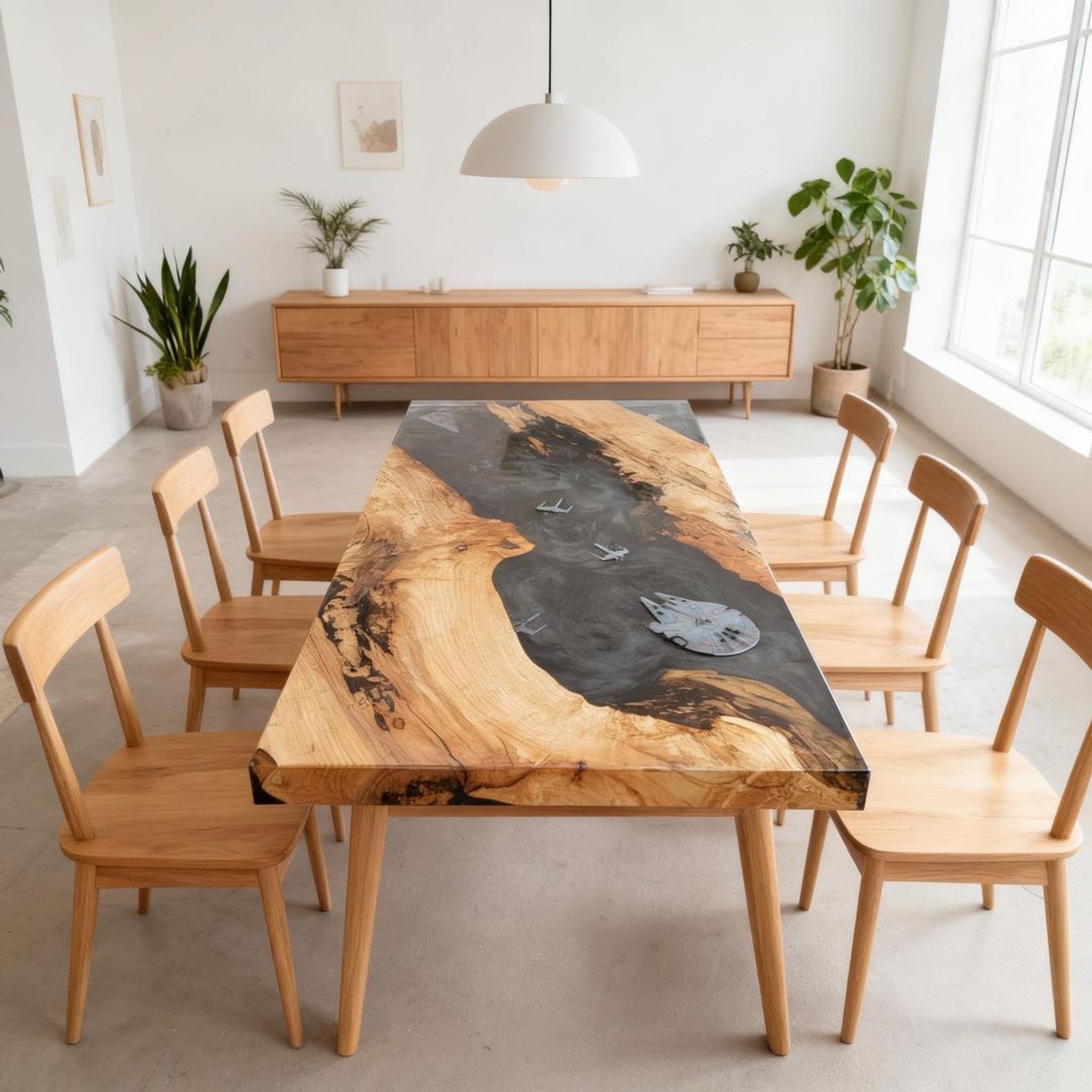 Table rivière sur mesure en bois d'olivier et résine époxy Black Pearl VXK-482