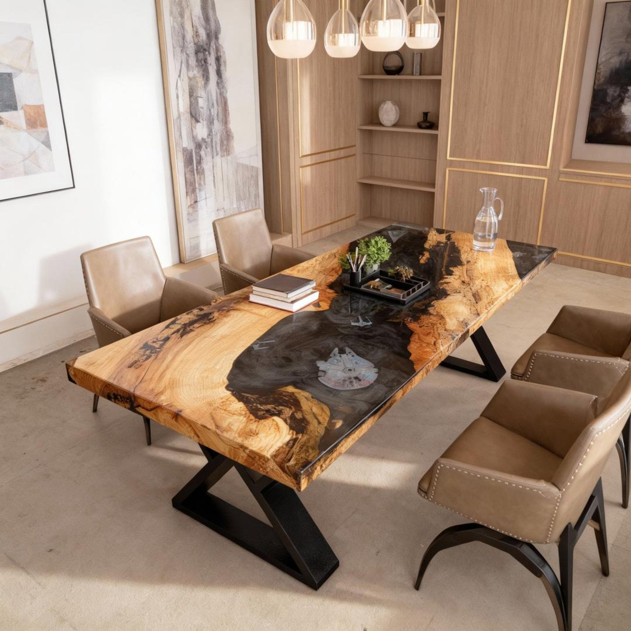 Table rivière sur mesure en bois d'olivier et résine époxy Black Pearl VXK-482