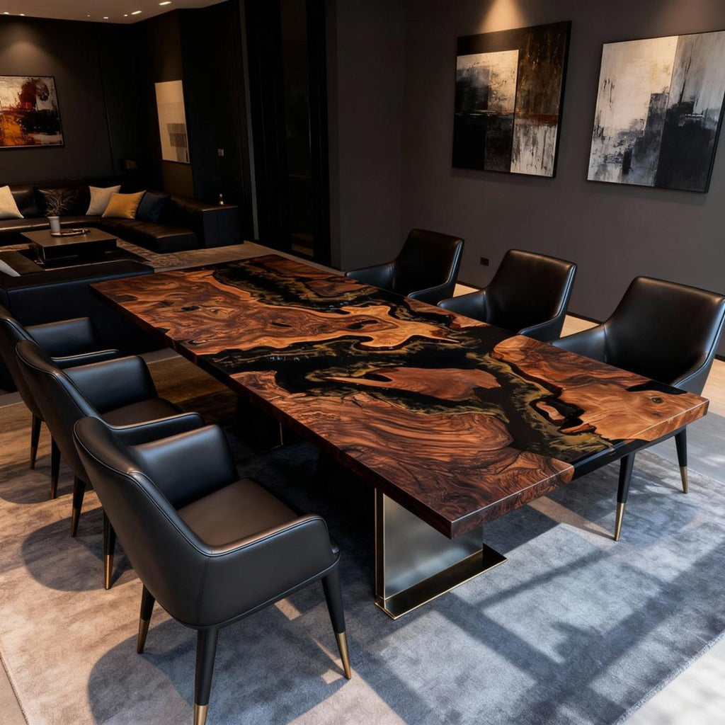 Table rivière sur mesure en bois d'olivier et résine époxy Black Pearl ZWT-693