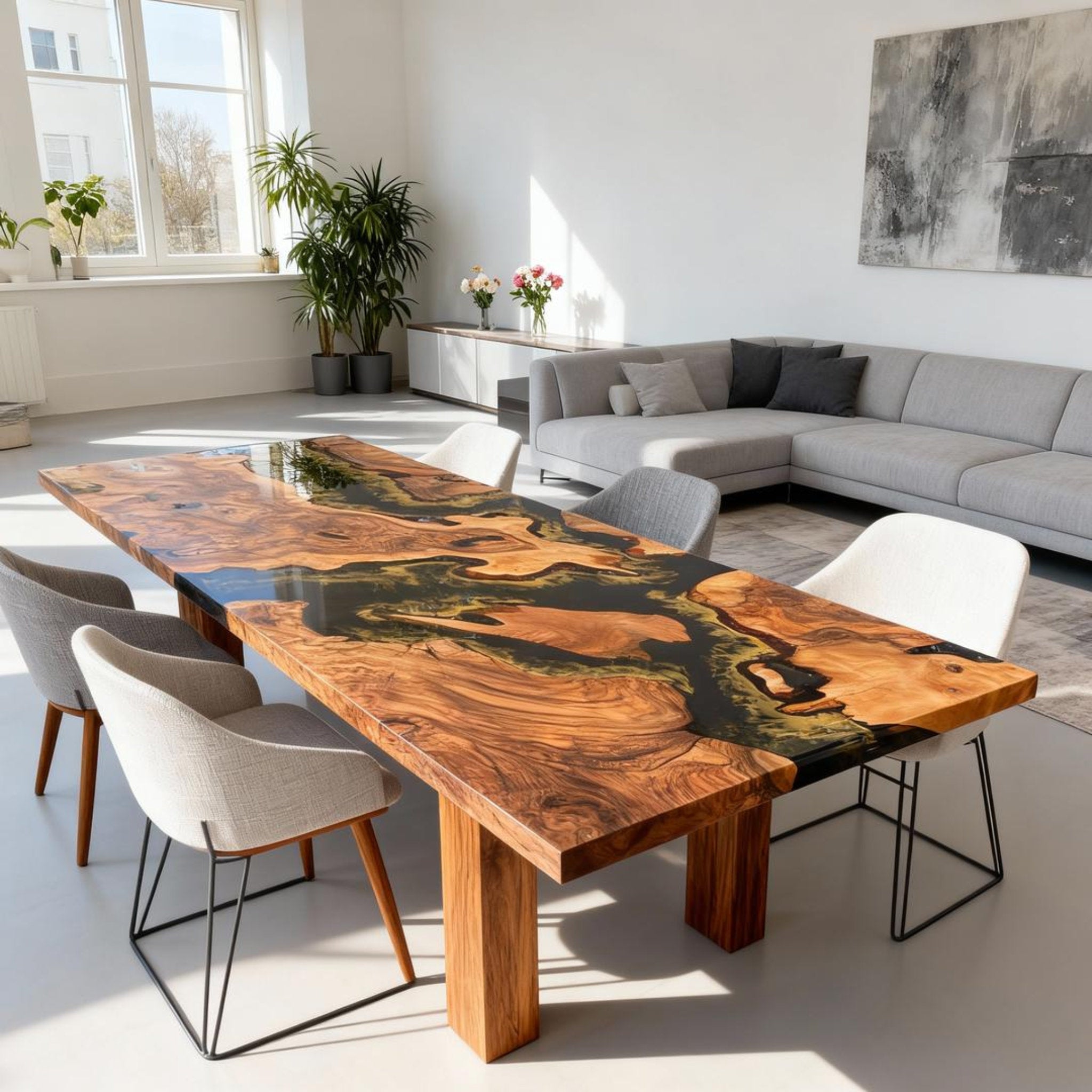 Table rivière sur mesure en bois d'olivier et résine époxy Black Pearl ZWT-693