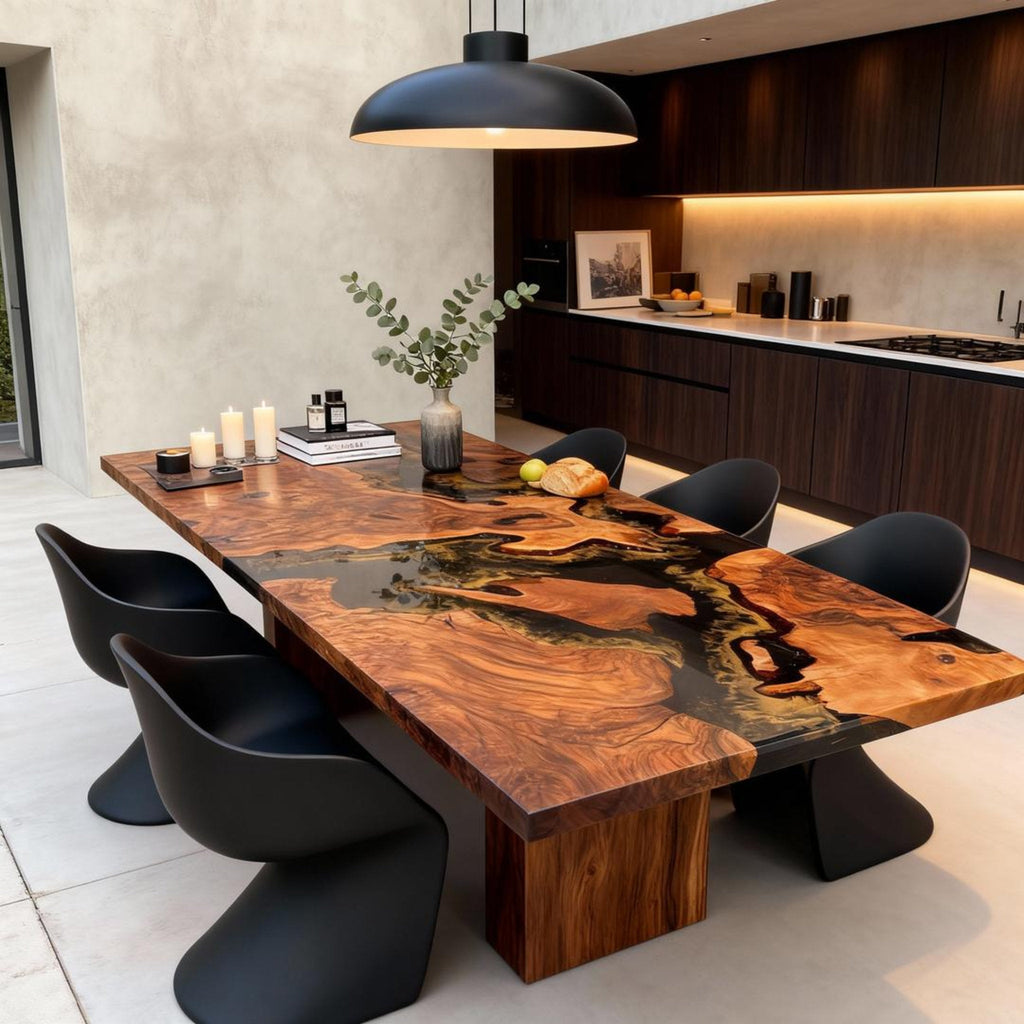 Table rivière sur mesure en bois d'olivier et résine époxy Black Pearl ZWT-693