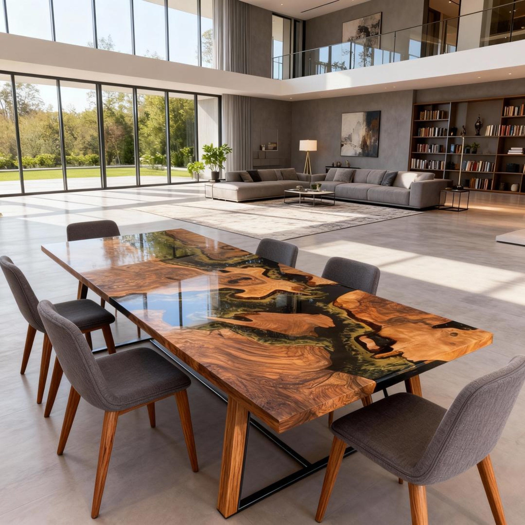 Table rivière sur mesure en bois d'olivier et résine époxy Black Pearl ZWT-693