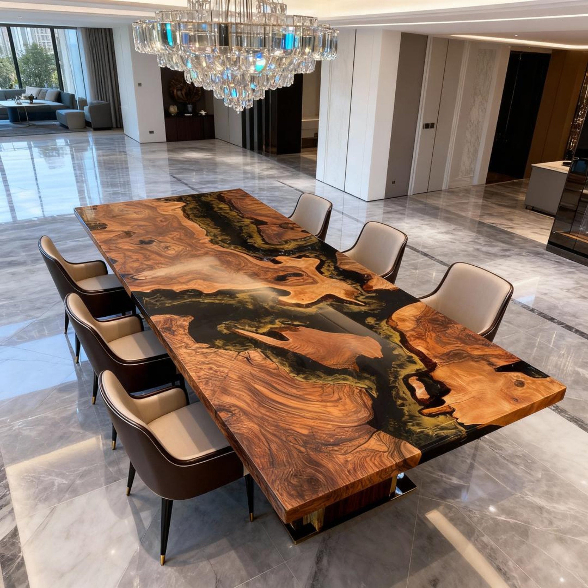 Table rivière sur mesure en bois d'olivier et résine époxy Black Pearl ZWT-693