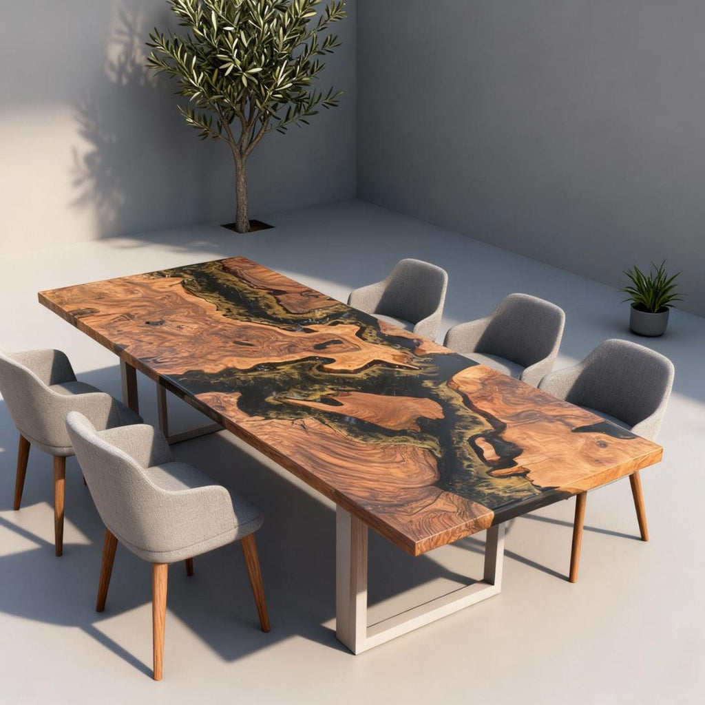 Table rivière sur mesure en bois d'olivier et résine époxy Black Pearl ZWT-693
