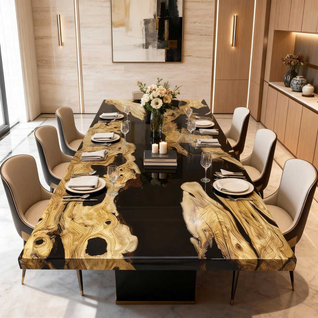 Table rivière sur mesure en résine époxy et bois d'olivier, résine noire QNR-482