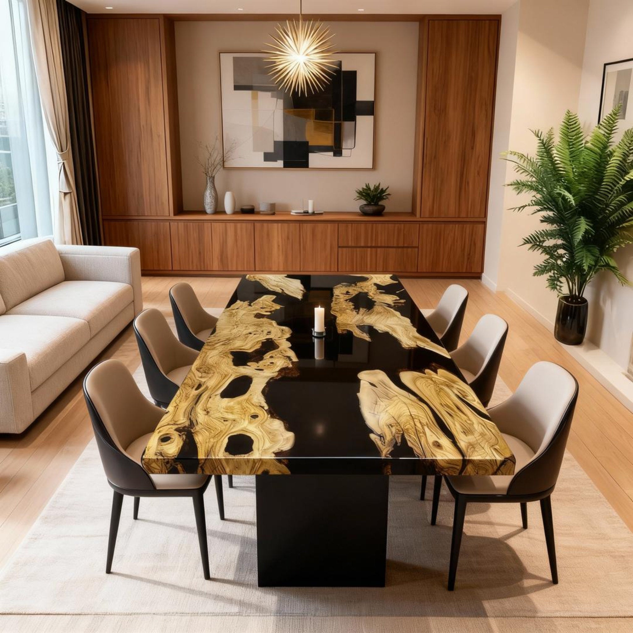 Table rivière sur mesure en résine époxy et bois d'olivier, résine noire QNR-482