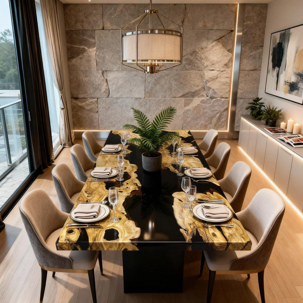 Table rivière sur mesure en résine époxy et bois d'olivier, résine noire QNR-482