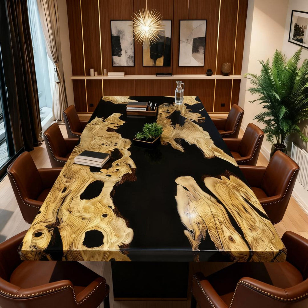 Table rivière sur mesure en résine époxy et bois d'olivier, résine noire QNR-482