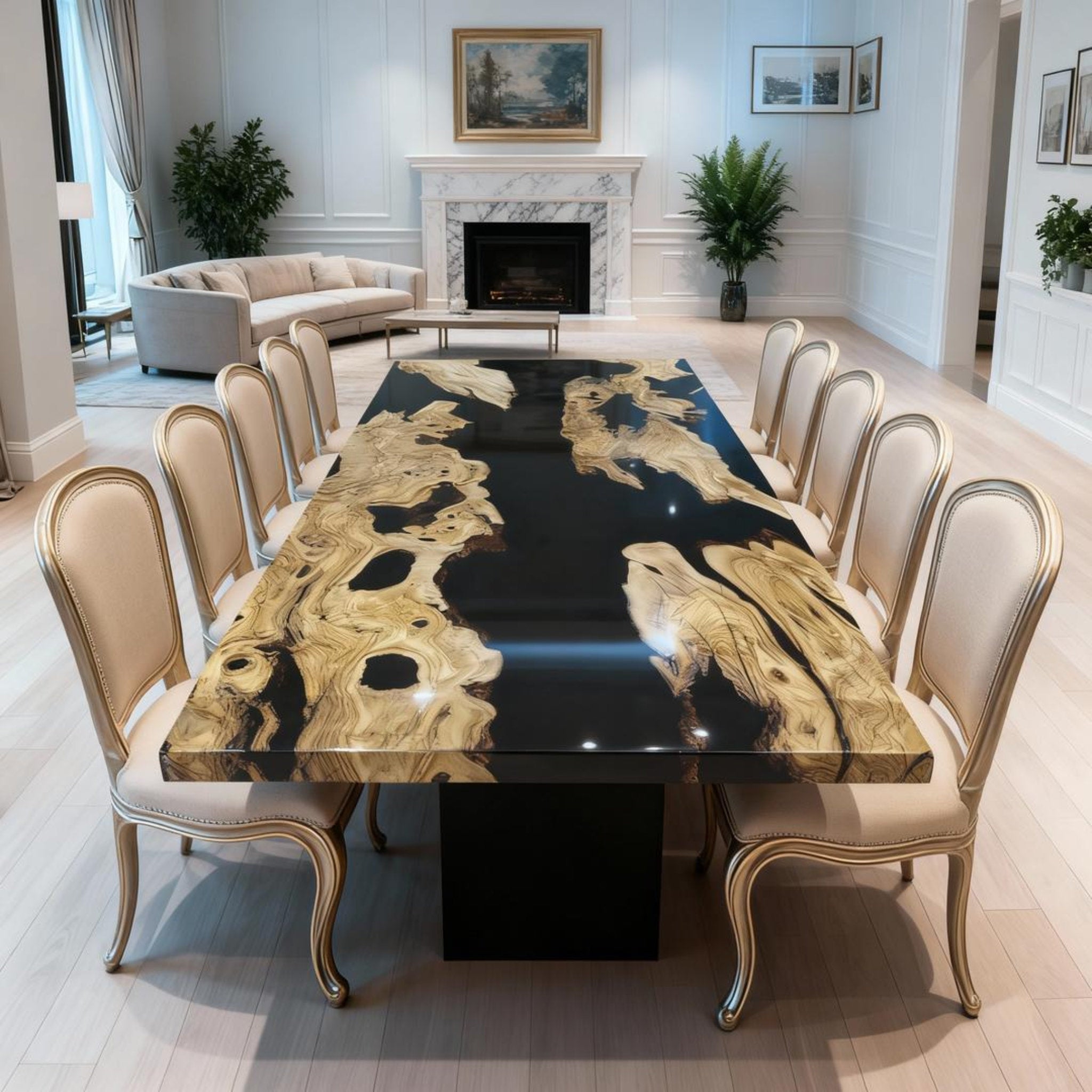 Table rivière sur mesure en résine époxy et bois d'olivier, résine noire QNR-482