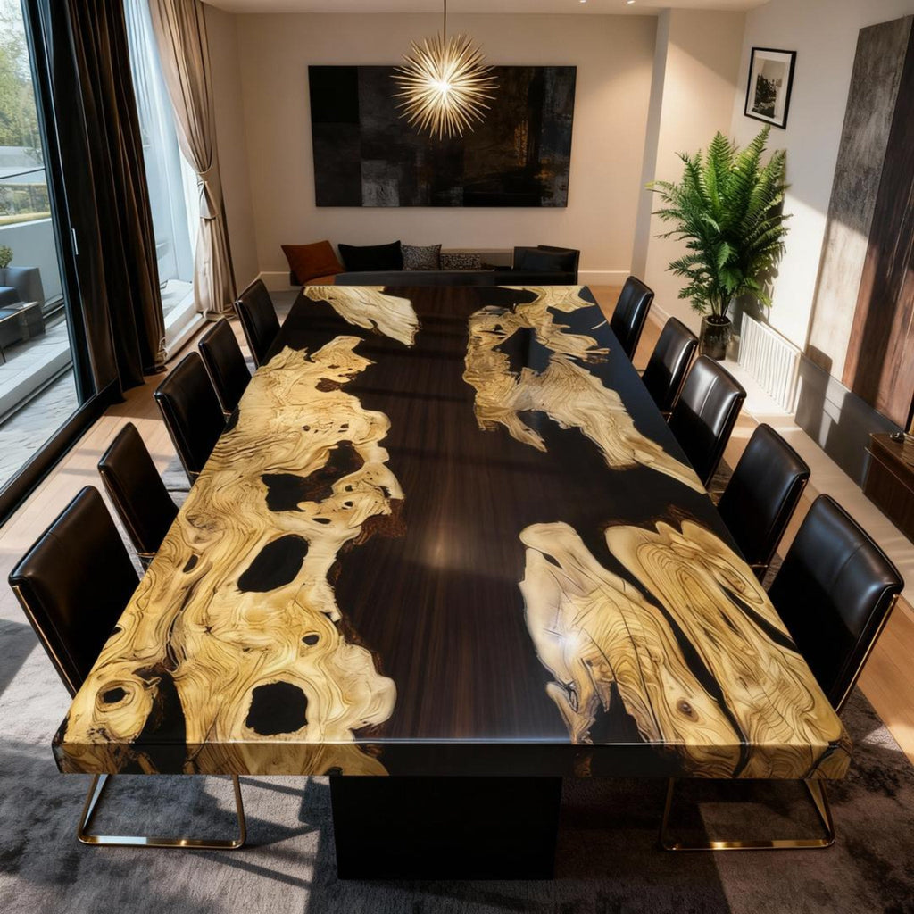 Table rivière sur mesure en résine époxy et bois d'olivier, résine noire QNR-482