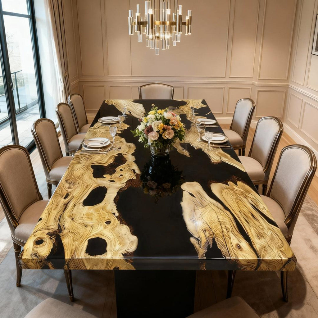 Table rivière sur mesure en résine époxy et bois d'olivier, résine noire QNR-482