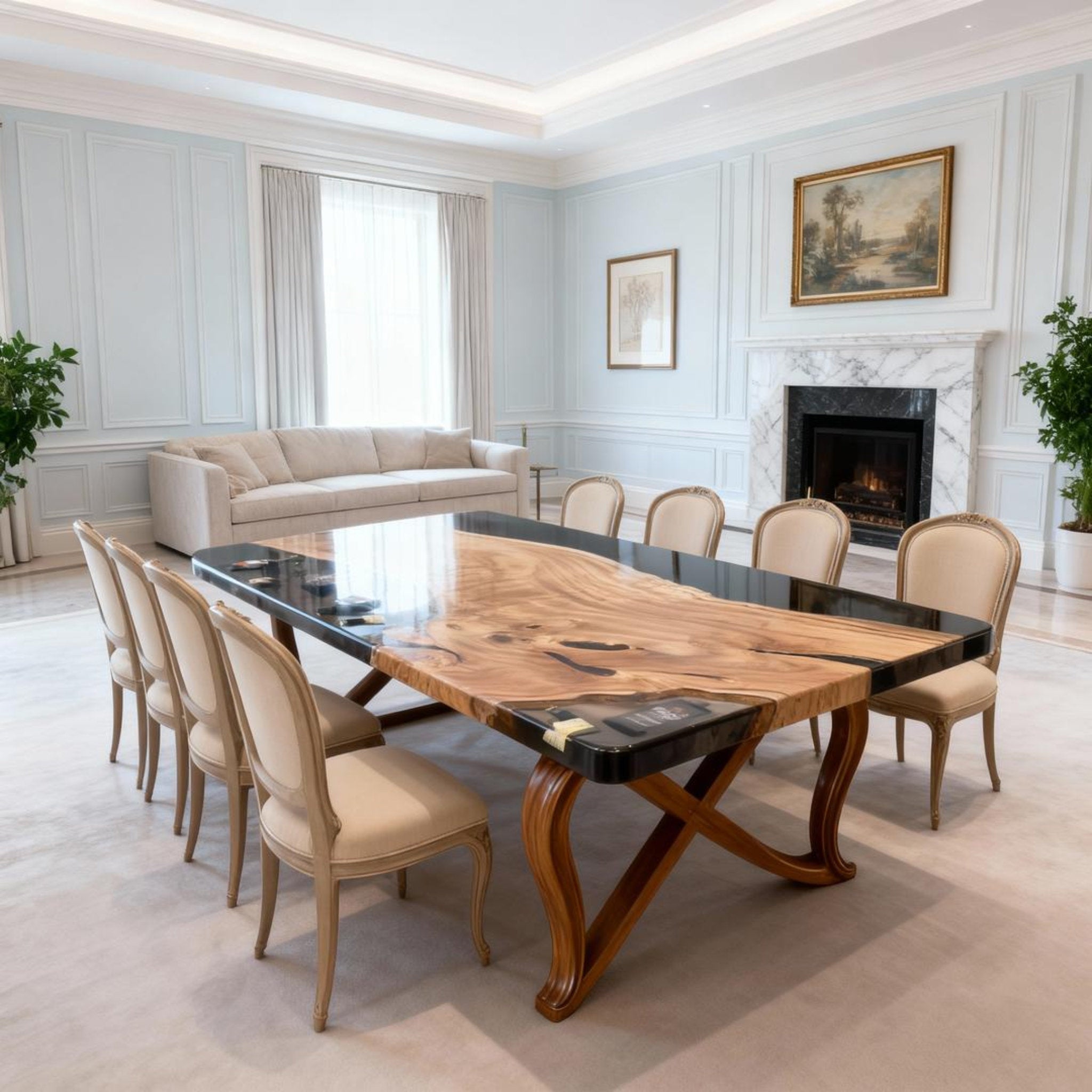 Table rivière sur mesure en résine époxy et bois d'olivier, résine noire RKC-274