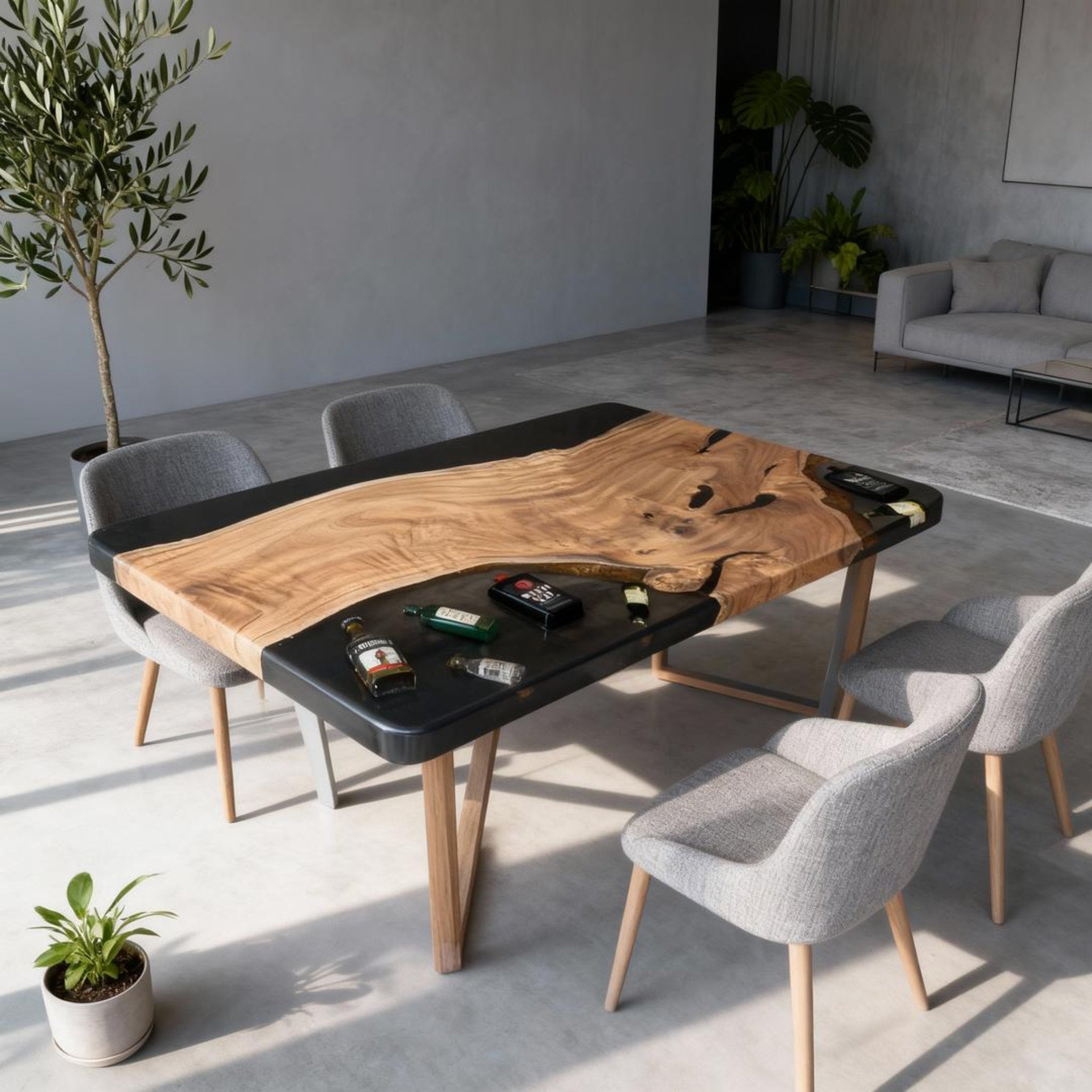 Table rivière sur mesure en résine époxy et bois d'olivier, résine noire RKC-274