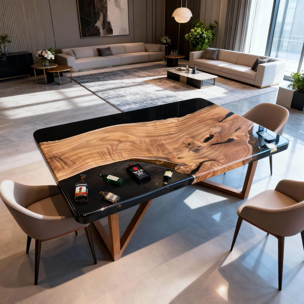 Table rivière sur mesure en résine époxy et bois d'olivier, résine noire RKC-274