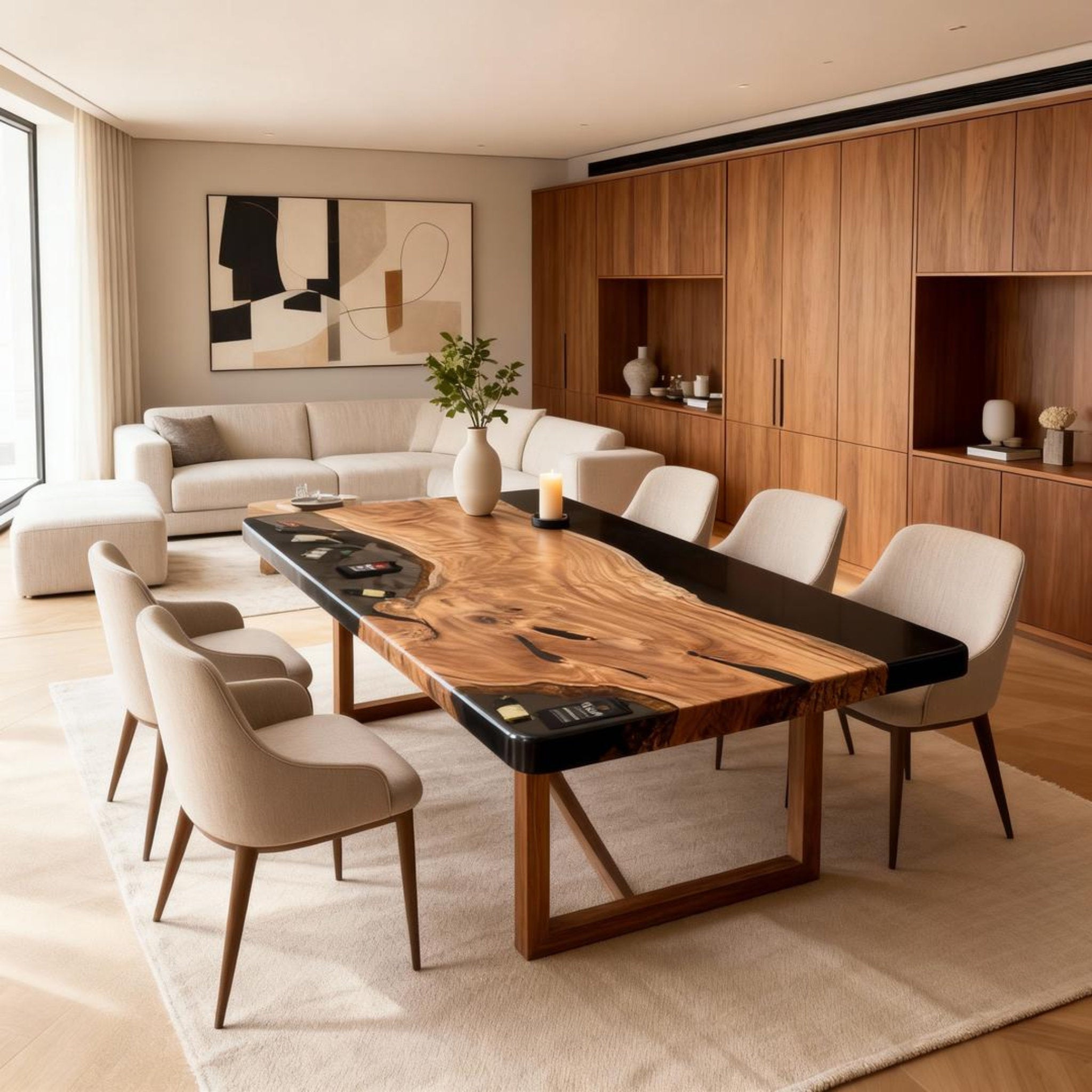 Table rivière sur mesure en résine époxy et bois d'olivier, résine noire RKC-274