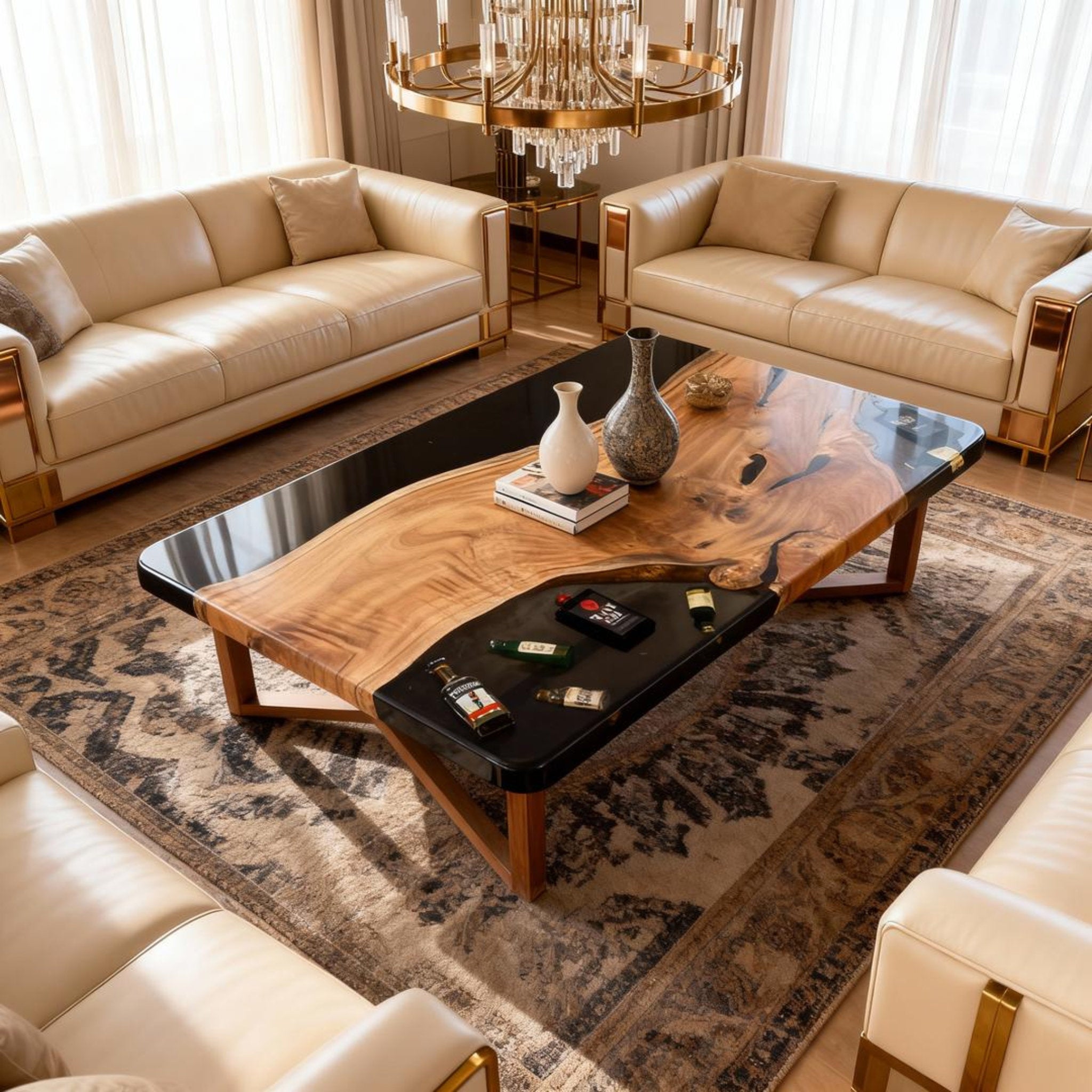 Table rivière sur mesure en résine époxy et bois d'olivier, résine noire RKC-274