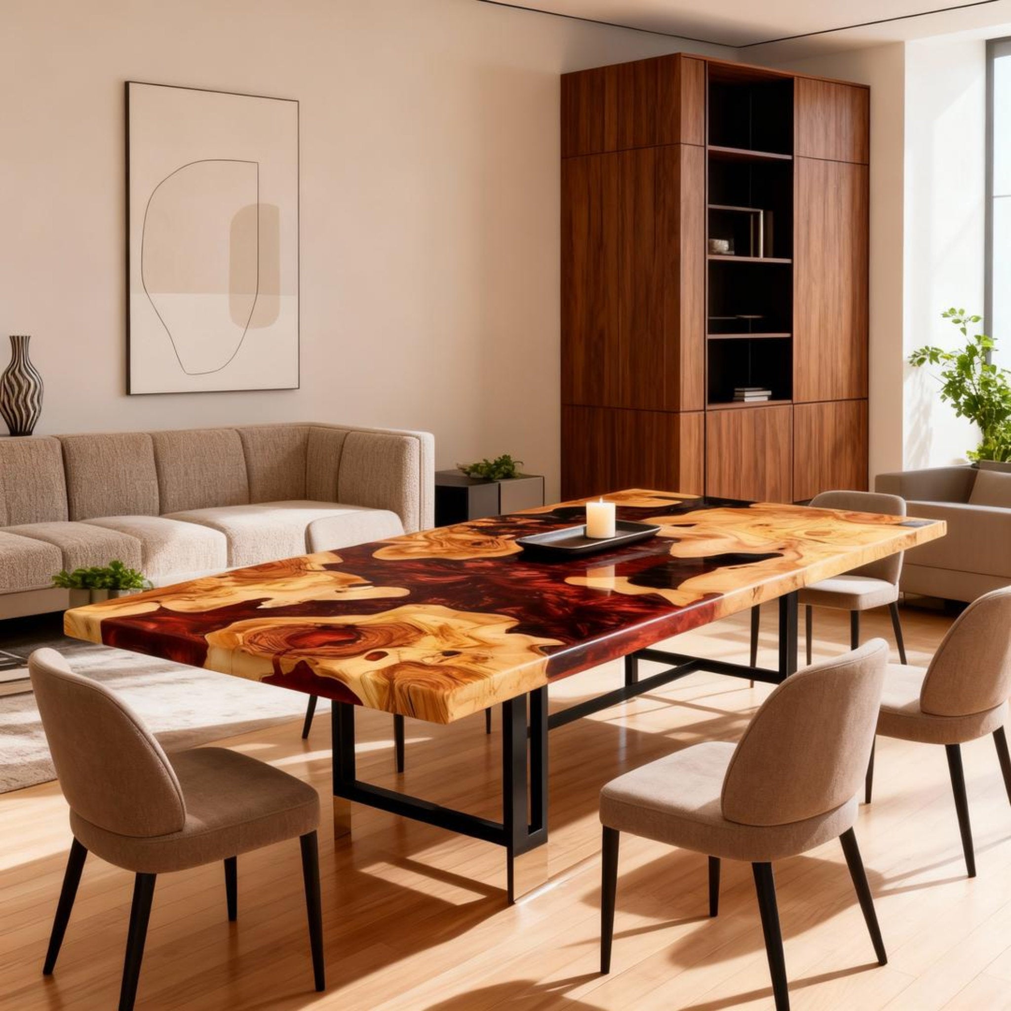 Table rivière sur mesure en résine époxy et bois d'olivier, couleur bordeaux, référence QNZ-482