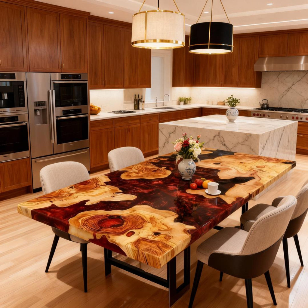 Table rivière sur mesure en résine époxy et bois d'olivier, couleur bordeaux, référence QNZ-482