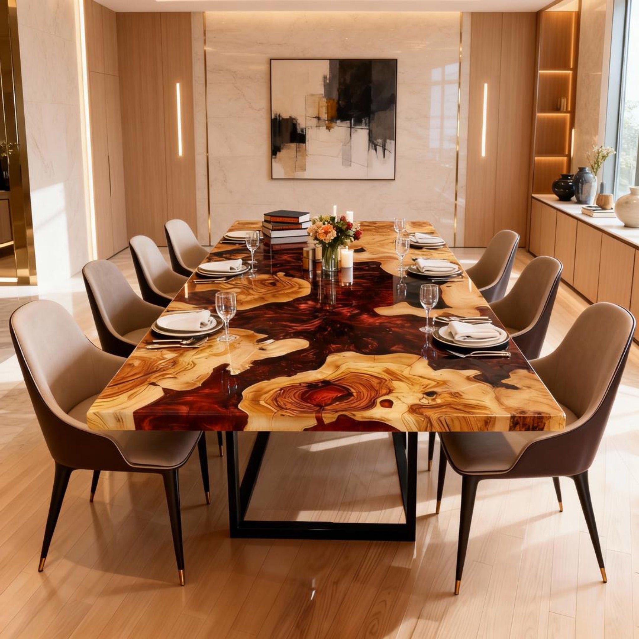 Table rivière sur mesure en résine époxy et bois d'olivier, couleur bordeaux, référence QNZ-482