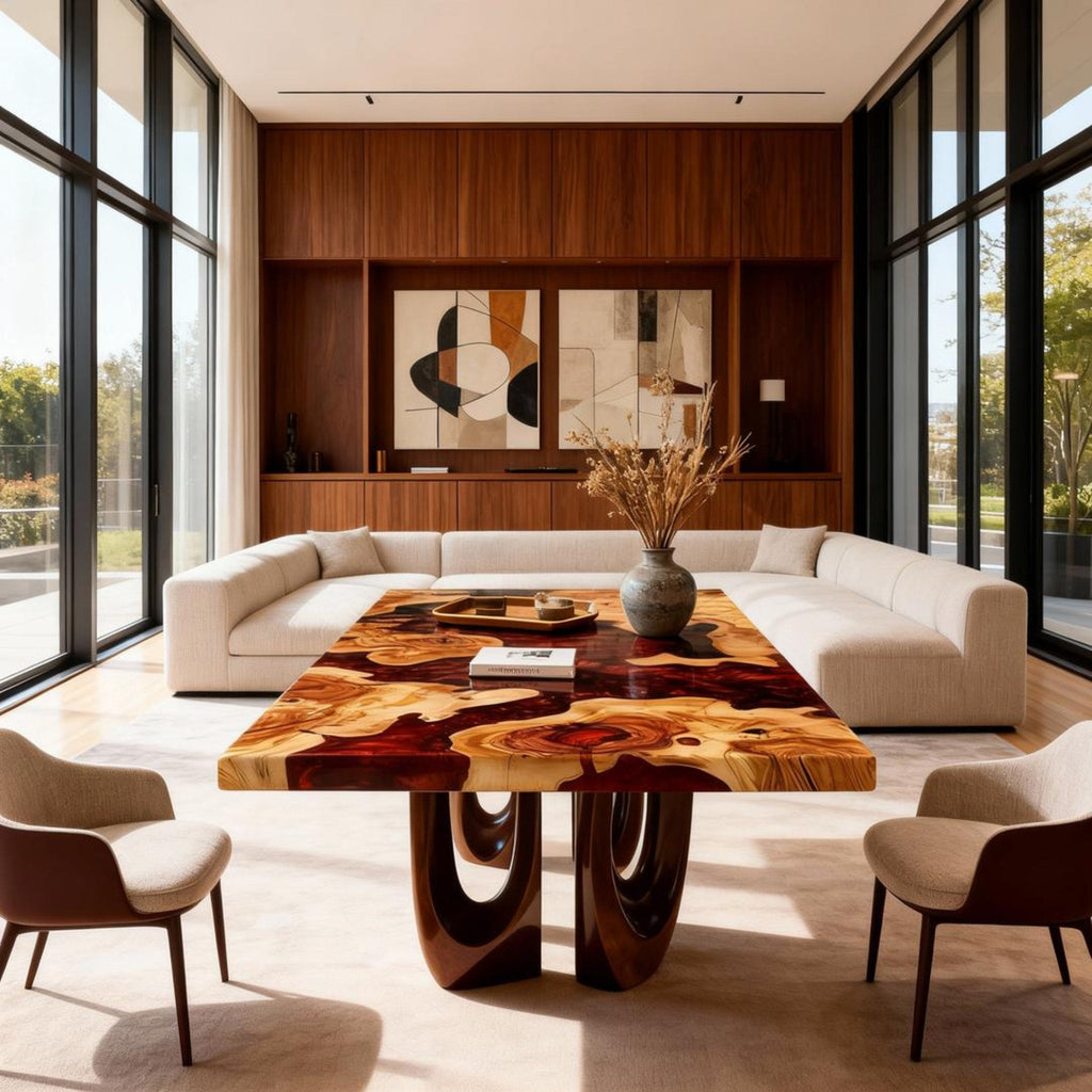 Table rivière sur mesure en résine époxy et bois d'olivier, couleur bordeaux, référence QNZ-482