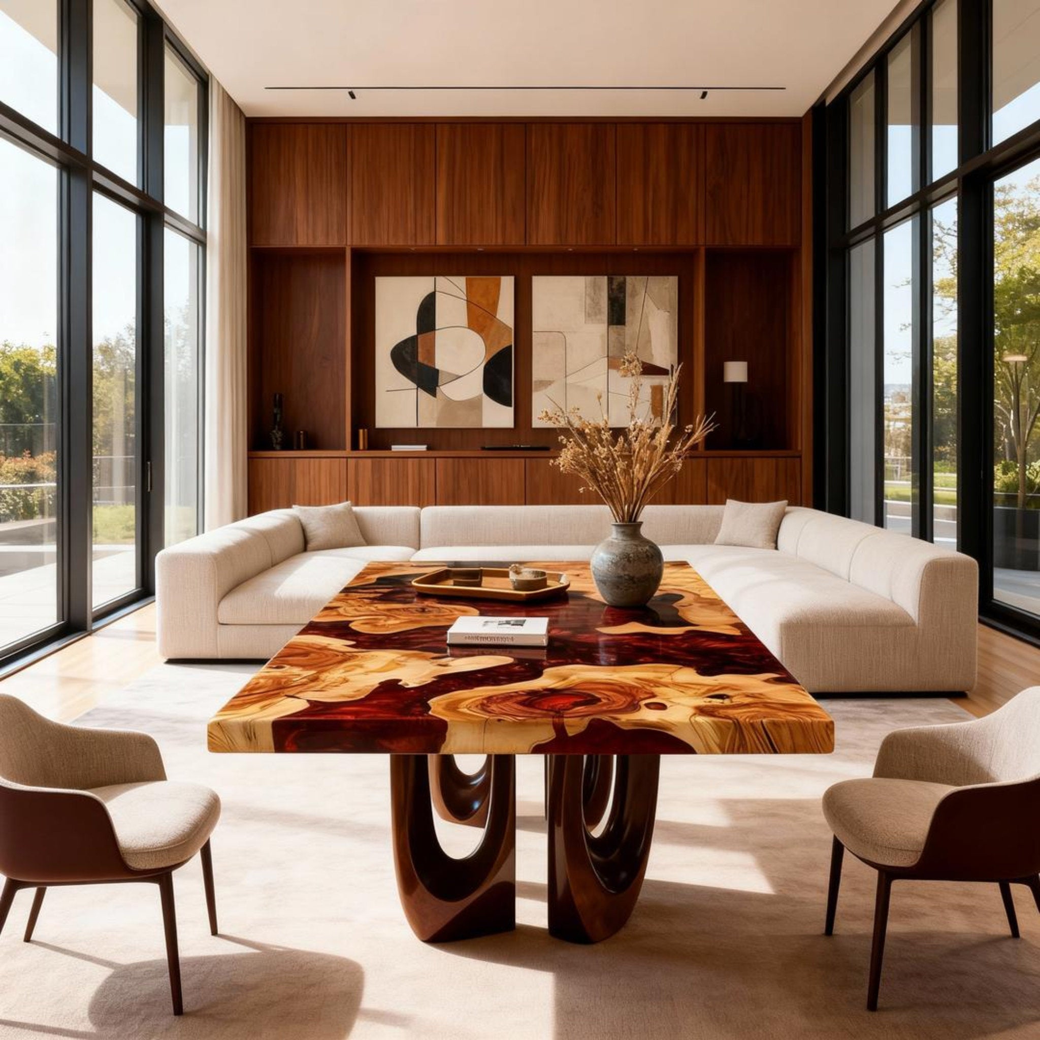 Table rivière sur mesure en résine époxy et bois d'olivier, couleur bordeaux, référence QNZ-482