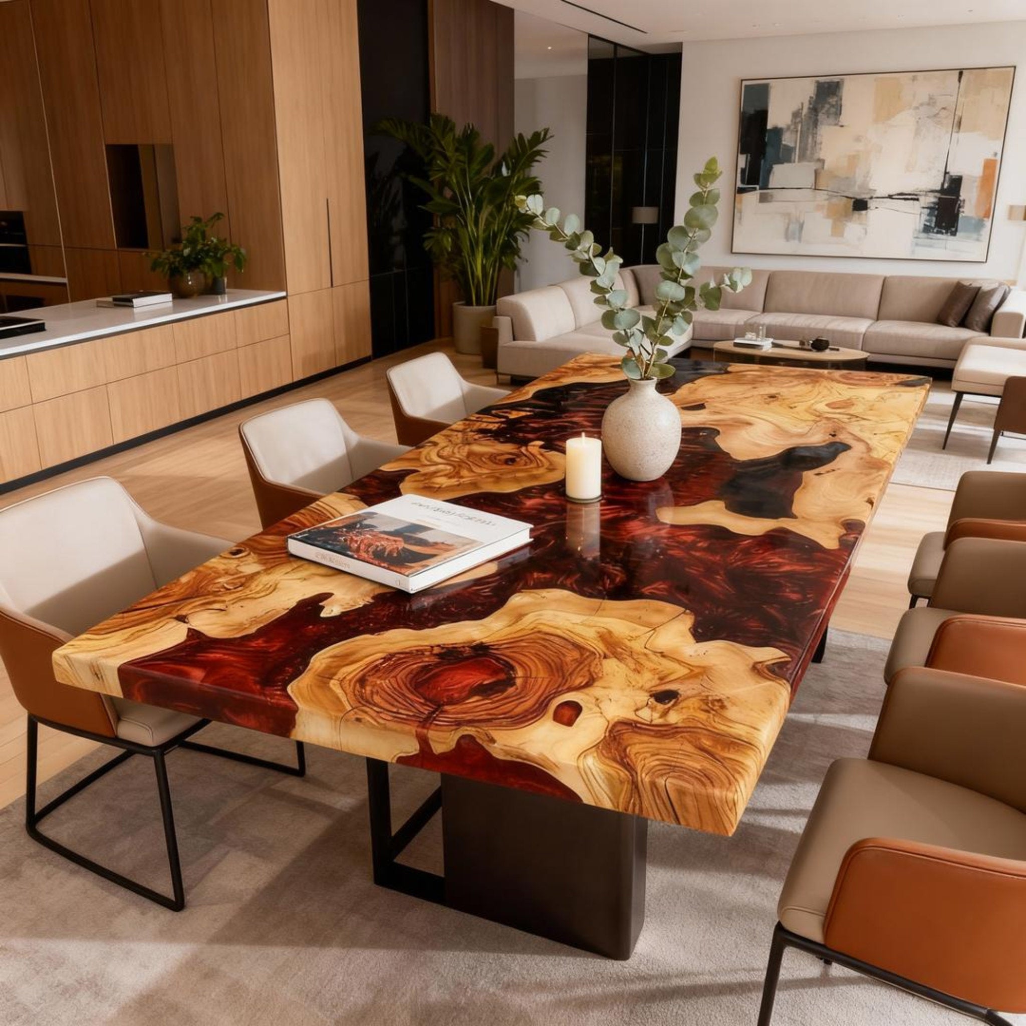 Table rivière sur mesure en résine époxy et bois d'olivier, couleur bordeaux, référence QNZ-482