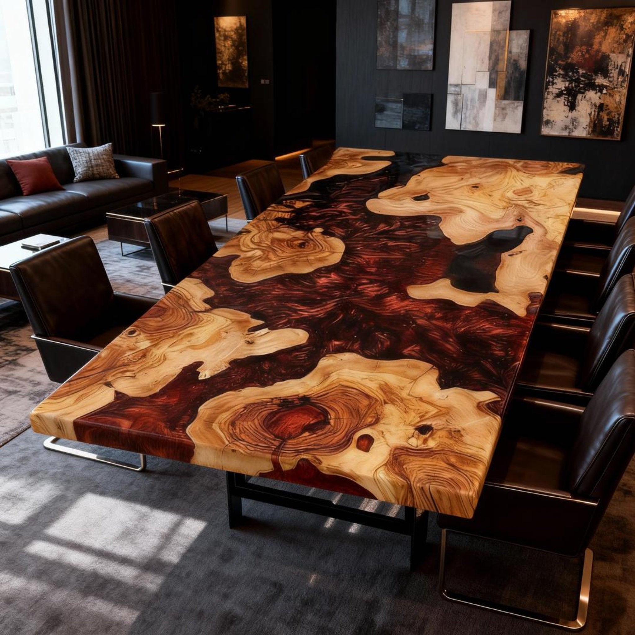 Table rivière sur mesure en résine époxy et bois d'olivier, couleur bordeaux, référence QNZ-482