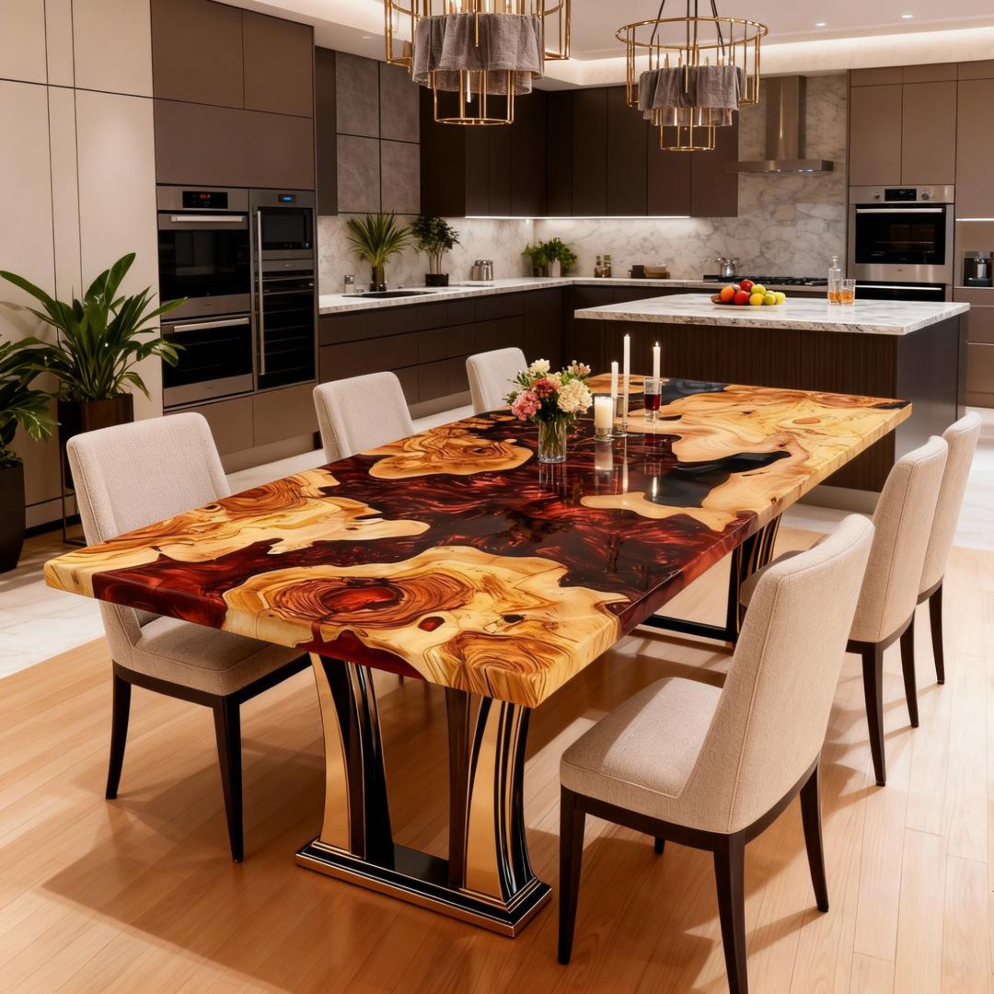 Table rivière sur mesure en résine époxy et bois d'olivier, couleur bordeaux, référence QNZ-482