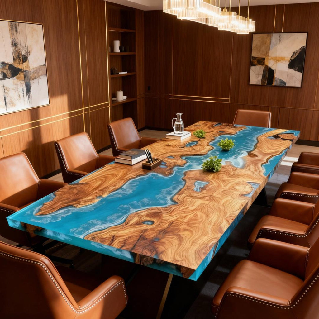 Table rivière personnalisée en bois d'olivier et résine époxy, turquoise des Caraïbes NQF-728