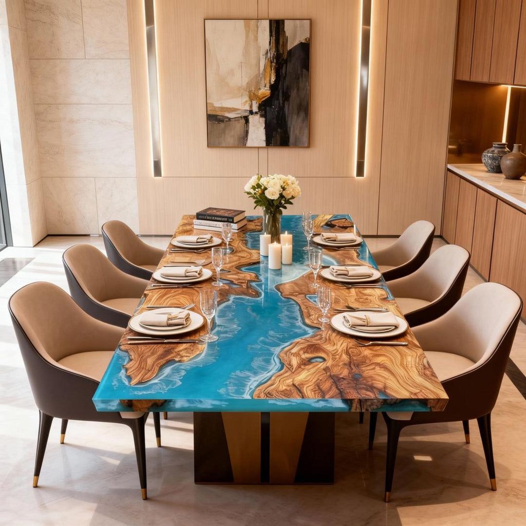 Table rivière personnalisée en bois d'olivier et résine époxy, turquoise des Caraïbes NQF-728