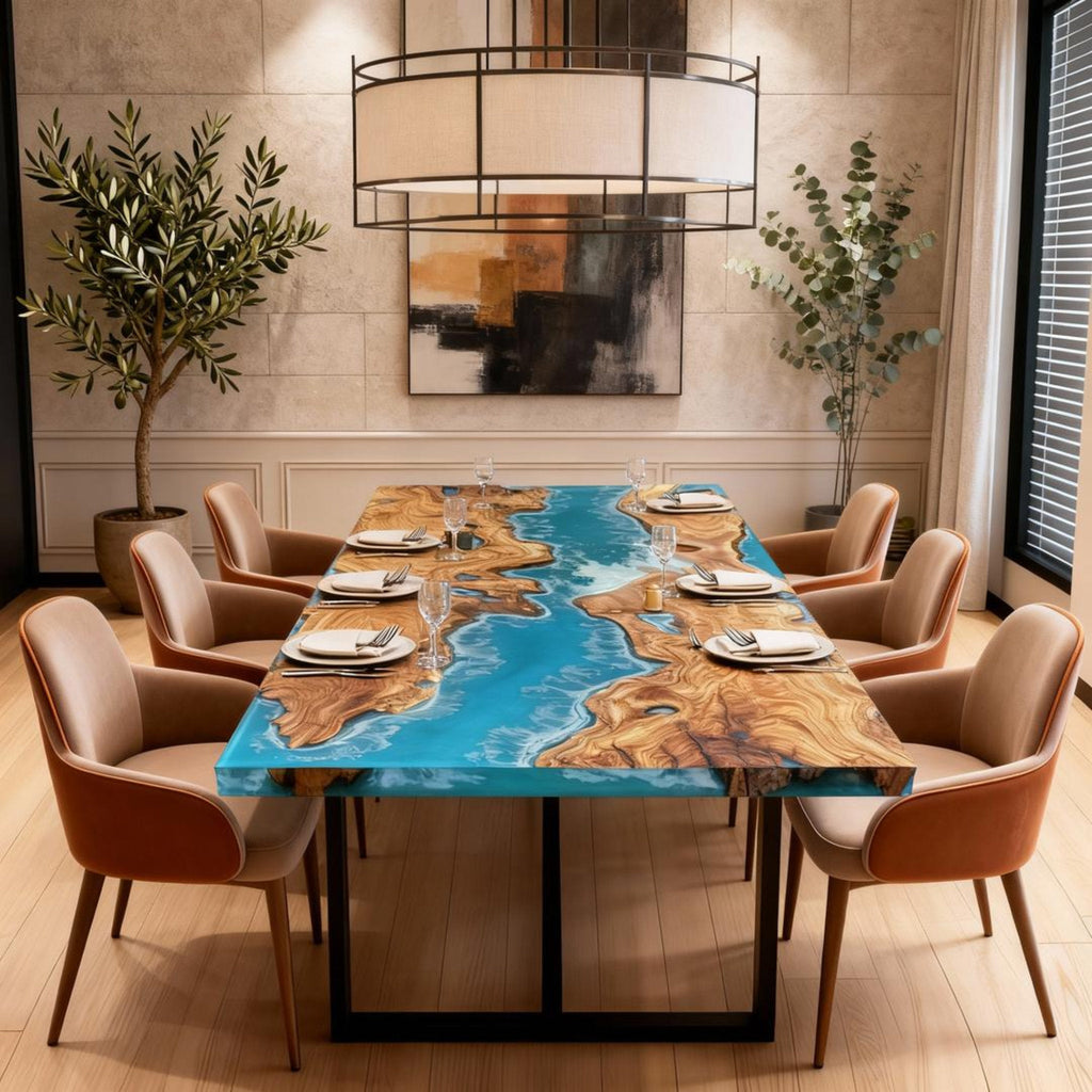 Table rivière personnalisée en bois d'olivier et résine époxy, turquoise des Caraïbes NQF-728