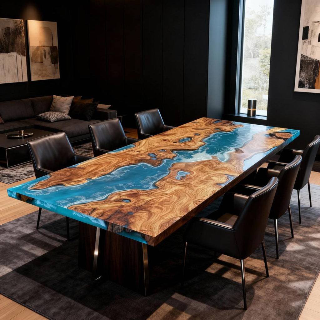 Table rivière personnalisée en bois d'olivier et résine époxy, turquoise des Caraïbes NQF-728