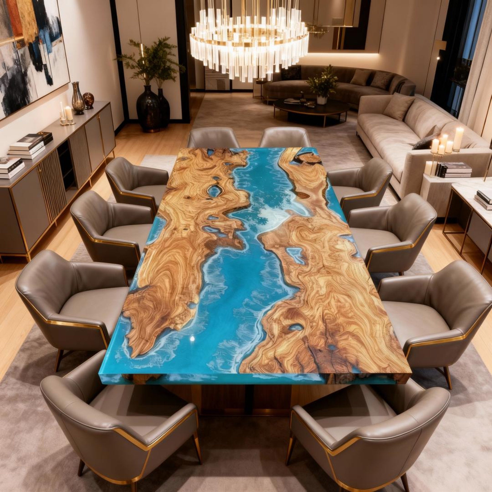 Table rivière personnalisée en bois d'olivier et résine époxy, turquoise des Caraïbes NQF-728