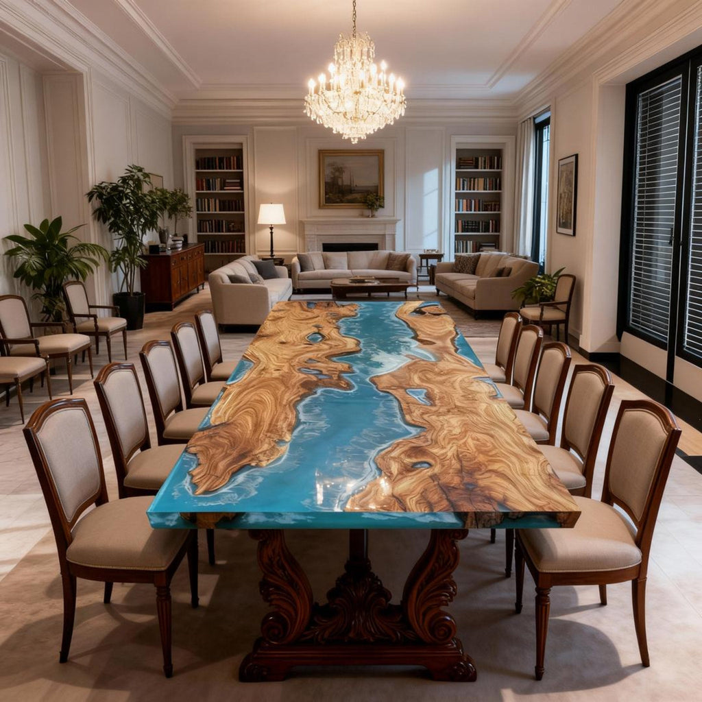 Table rivière personnalisée en bois d'olivier et résine époxy, turquoise des Caraïbes NQF-728
