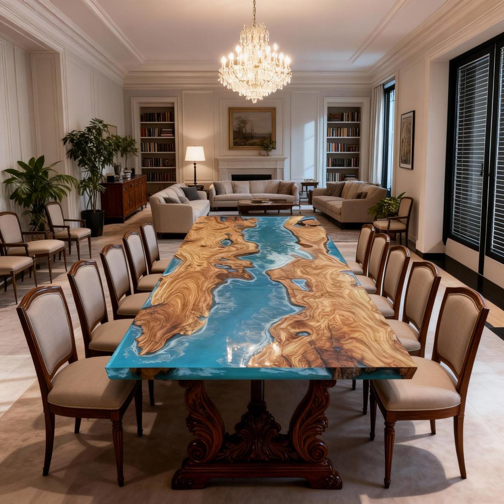Table rivière personnalisée en bois d'olivier et résine époxy, turquoise des Caraïbes NQF-728
