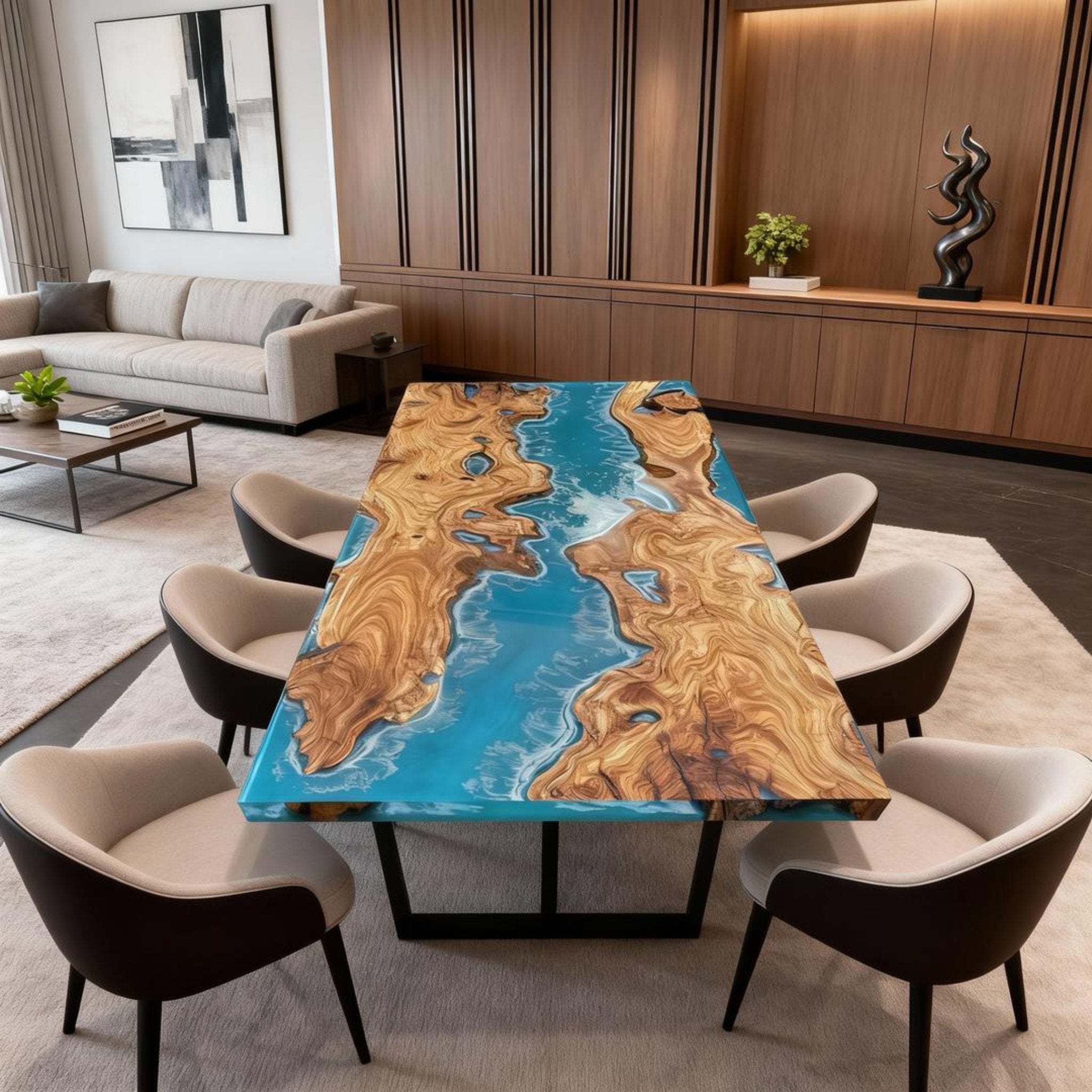 Table rivière personnalisée en bois d'olivier et résine époxy, turquoise des Caraïbes NQF-728