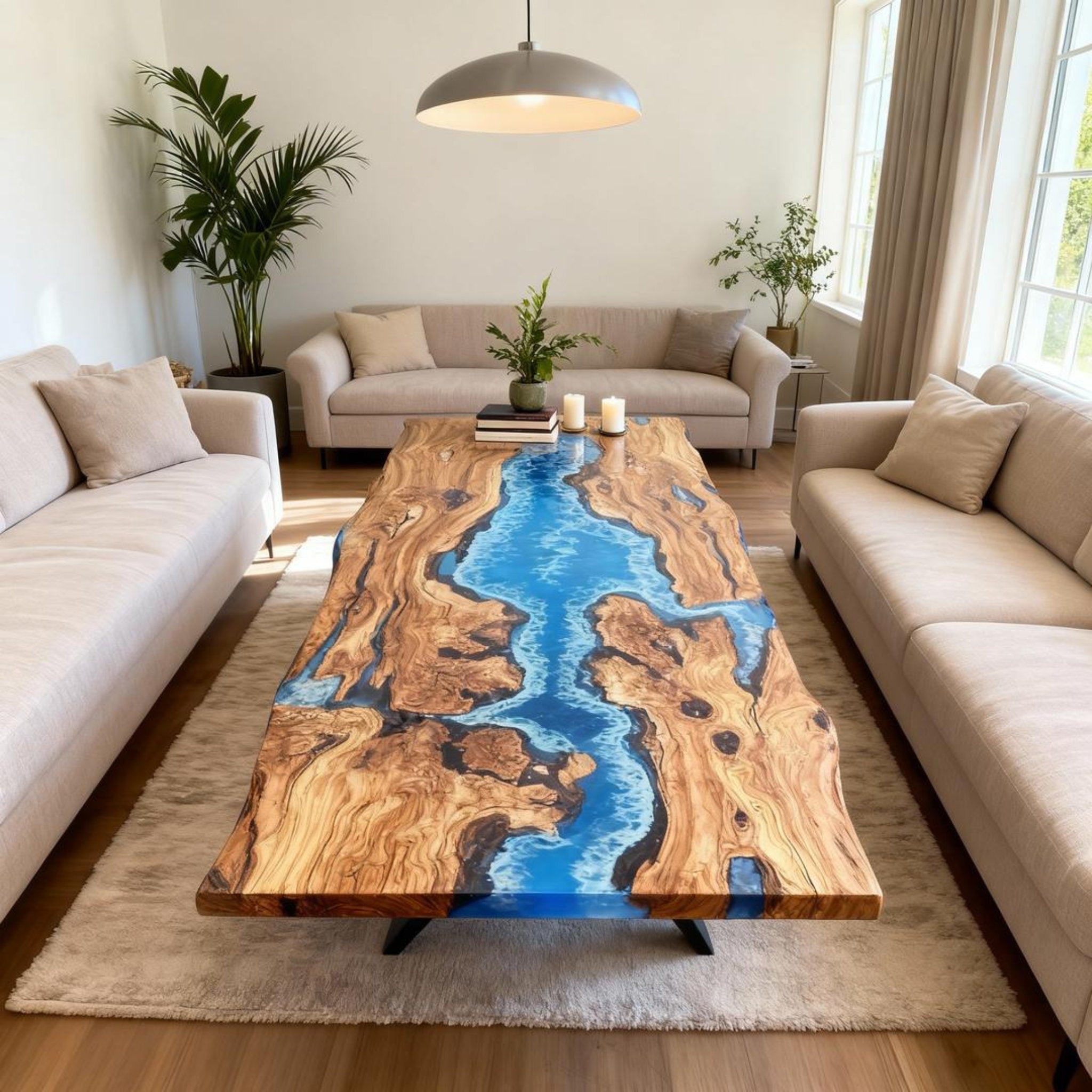 Table rivière sur mesure en résine époxy et bois d'olivier, bleu céruléen ZPU-573