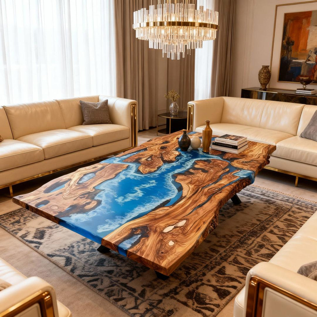 Table rivière sur mesure en résine époxy et bois d'olivier, bleu céruléen ZPU-573