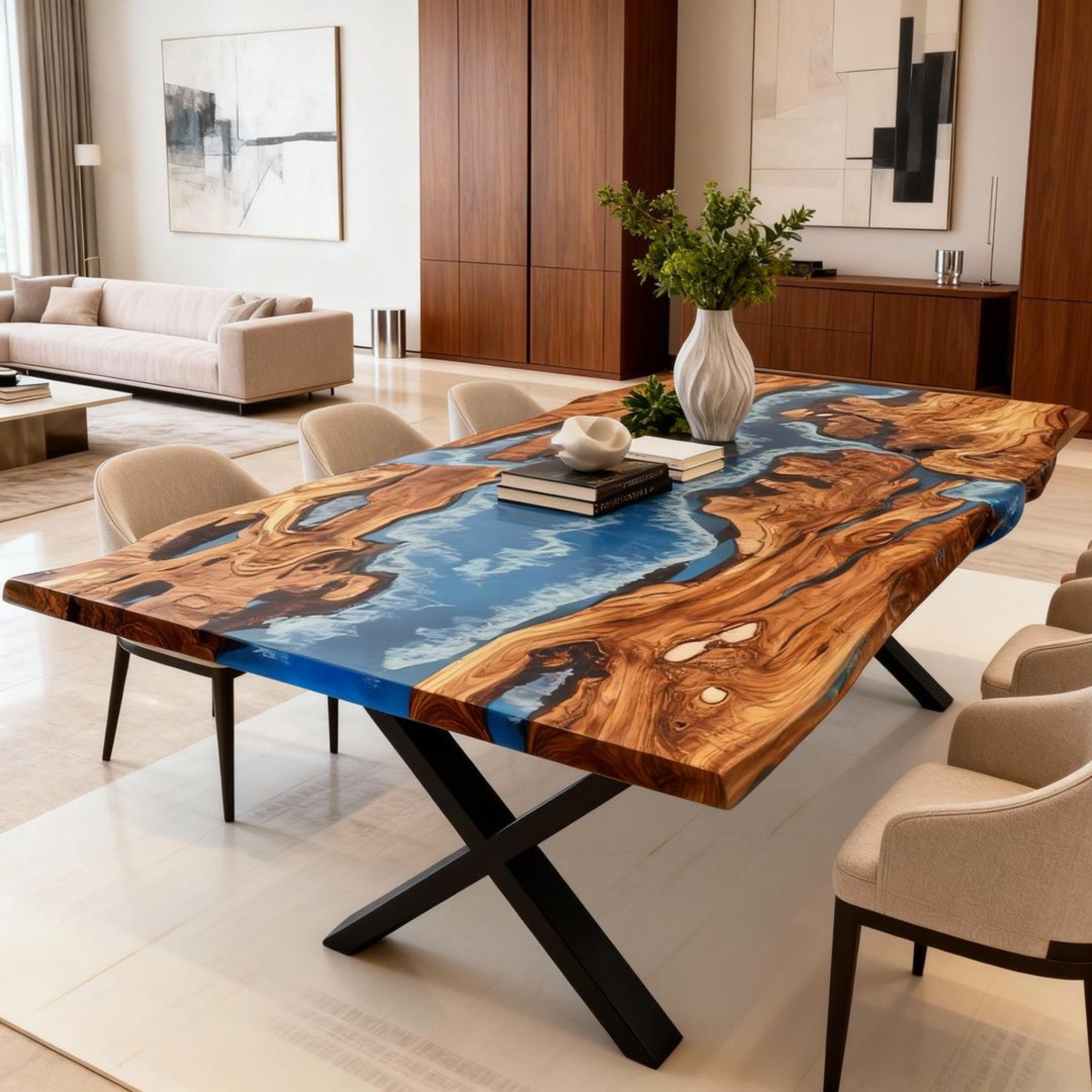 Table rivière sur mesure en résine époxy et bois d'olivier, bleu céruléen ZPU-573