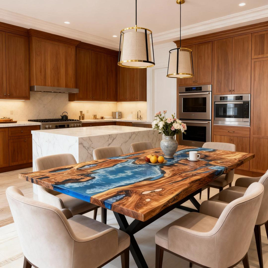 Table rivière sur mesure en résine époxy et bois d'olivier, bleu céruléen ZPU-573