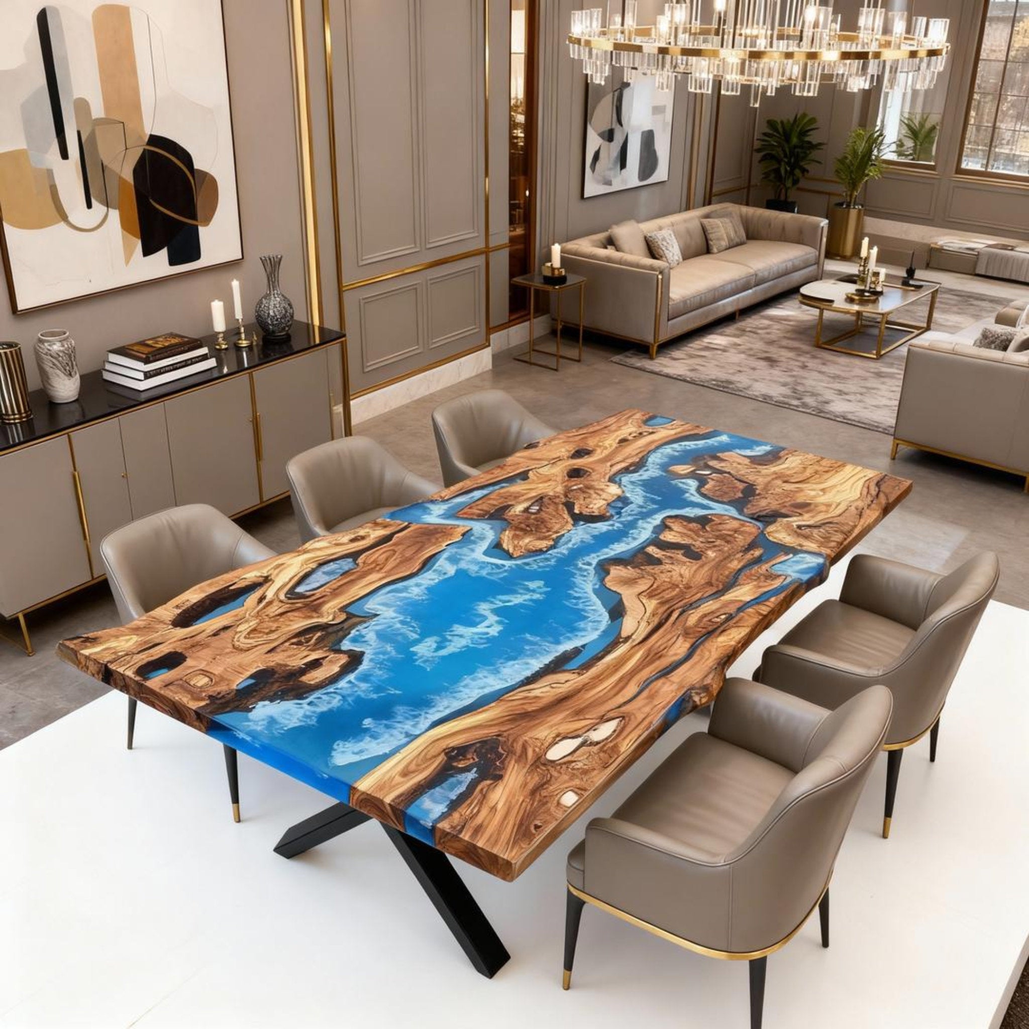 Table rivière sur mesure en résine époxy et bois d'olivier, bleu céruléen ZPU-573