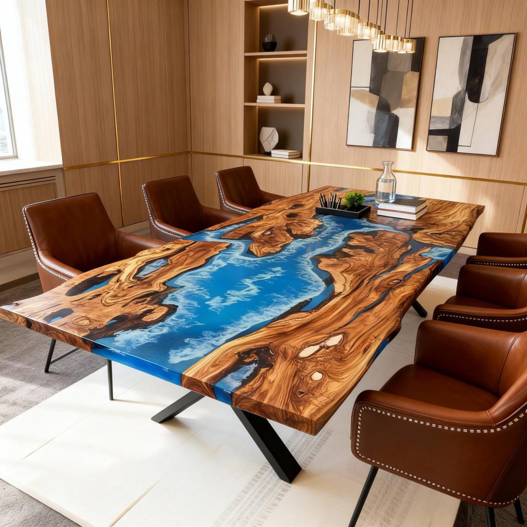 Table rivière sur mesure en résine époxy et bois d'olivier, bleu céruléen ZPU-573